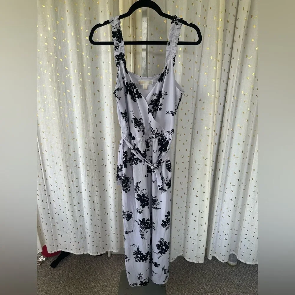 Michael Kors Women's Floral Crepe Ruched Straps Belted Cropped Midi Jumpsuit M